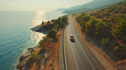 Car driving along a scenic coastal road at sunset.