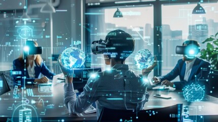 A professional team engages with virtual reality interfaces, manipulating holographic data and digital globes in a futuristic office setting.