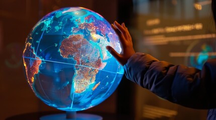 Fototapeta premium A person interacts with a digital holographic globe, highlighting continents and cities with advanced touch-sensitive technology.