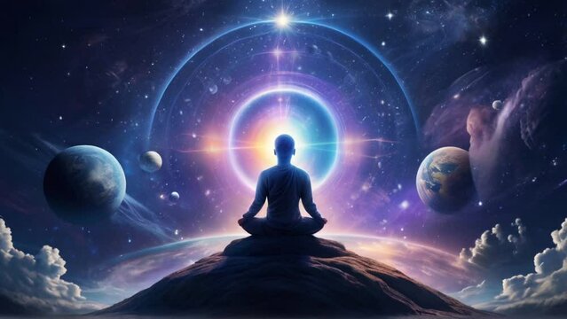 Meditating person in the galaxies with cosmic energy background. Male silhouette. spiritual video