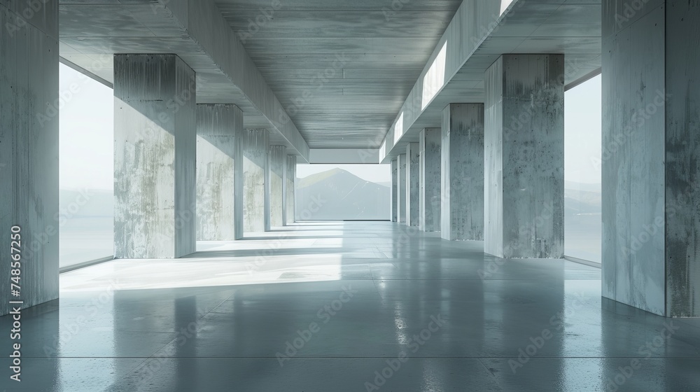 Aufkleber A 3D render of abstract futuristic architecture with an empty concrete floor.