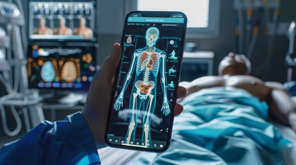 A medical professional utilizes augmented reality on a smartphone to visualize patient anatomy in a detailed and interactive manner within a clinical setting. - obrazy, fototapety, plakaty
