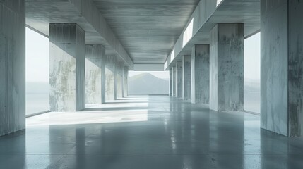 A 3D render of abstract futuristic architecture with an empty concrete floor.