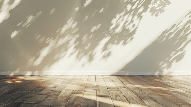 3D rendering of minimal interior design mockup with dark wood laminate flooring, sunlight casts shadows on the wall.