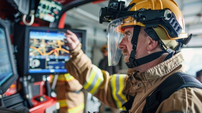 A firefighter in gear examines a digital map on a touchscreen monitor inside a fire truck.