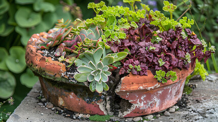 Composition of plants in a broken pot Decor for a ga - obrazy, fototapety, plakaty