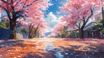Pink Shaded Street with Cherry Blossoms and Flowering Trees