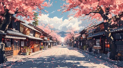 Pixel Art Japanese Village with Cherry Blossoms