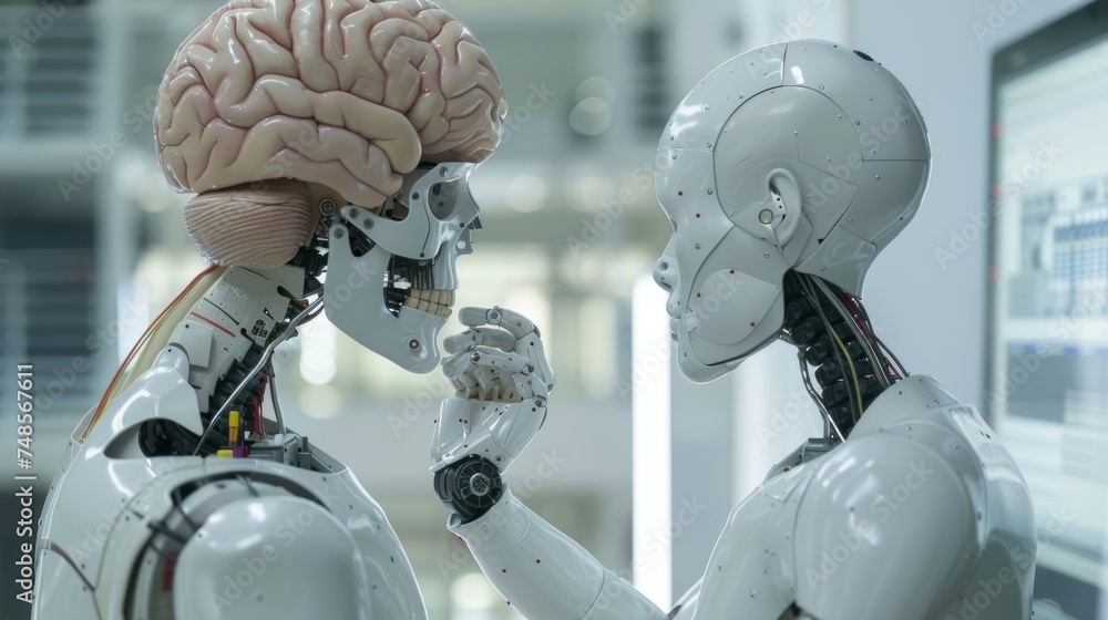 Leinwandbilder innovating technology in science and medicine, robot checking brain test results using computer inte