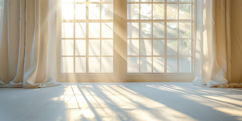 sun shines into the hall through the glass doors