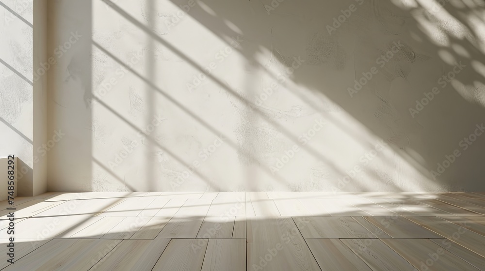 Leinwandbilder 3d rendering of an empty room with a wood laminate floor and sun light casting a shadow on the wall.