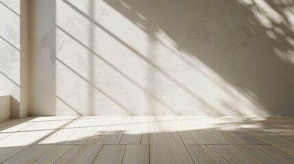 3D rendering of an empty room with a wood laminate floor and sun light casting a shadow on the...