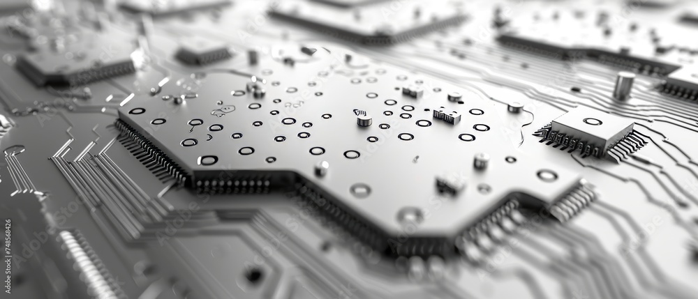 Poster Computer technology background. Information technology. Space for text. Gray scale printed circuit board background.