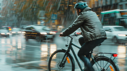 A cyclist braves the rain on city streets blurred by the motion of hurried traffic.