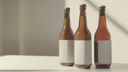Three minimalist beer bottles casting soft shadows in warm sunlight on a neutral backdrop.