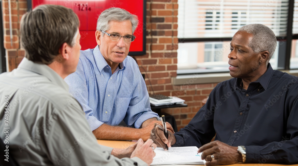 Poster three men engaged in conversation while seated at a table