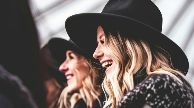 Two women, both wearing hats, smiling for the camera in a cheerful and friendly manner