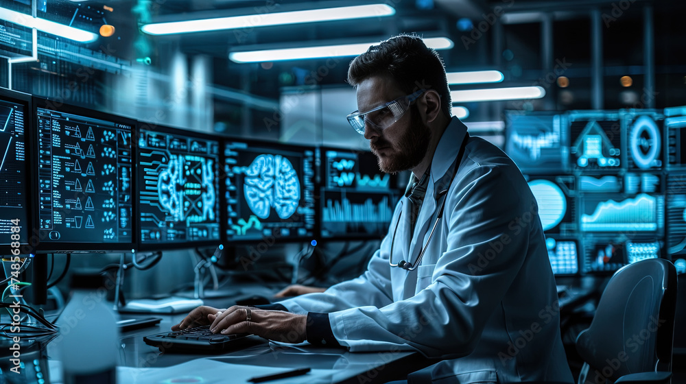 Poster mature man in a lab coat focused on his computer screen, analyzing data and conducting research in a