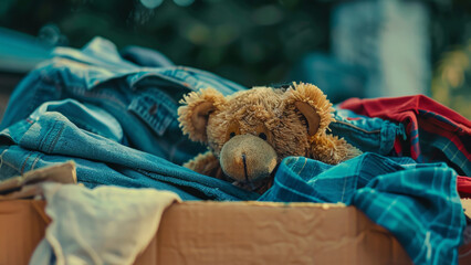 A forlorn teddy bear lies in an abandoned cardboard box amidst discarded clothes. - obrazy, fototapety, plakaty