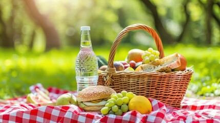 Picnic basket with sandwich, water and various fruits. Spring Summer atmosphere. Outdoor recreation