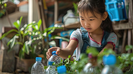 A young girl is holding a bottle of water and looking at it closely, possibly curious about its contents. She appears engaged in examining the bottle