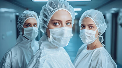 Fototapeta na wymiar A group of medical professionals in protective masks and gowns, ready to provide care and assistance in a healthcare setting