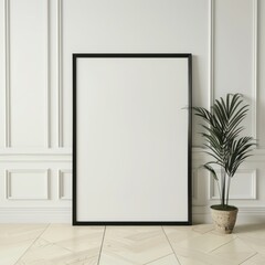 Poster mockup with vertical empty wooden frame standing on the floor. For various advertising. Banner