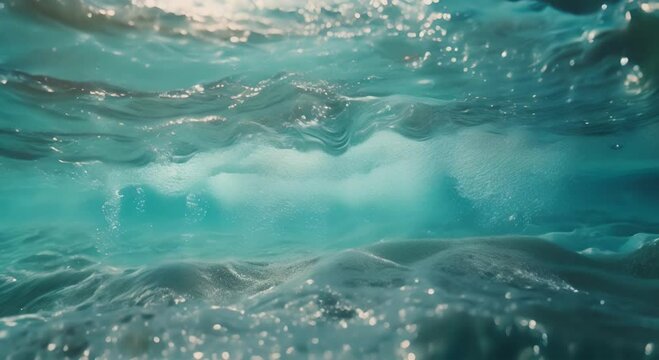 Underwater slow motion bubbles moving to surface in turquoise crystal clear pool
