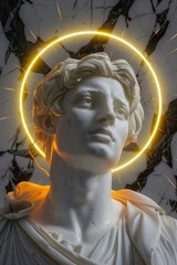 Surreal 3D illustration of a marble ancient Greek statue with a halo behind in white and gold color. Contemporary art in digital format