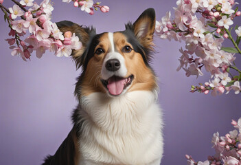 Charming dog Enjoying Spring Blossoms on a colour Backdrop