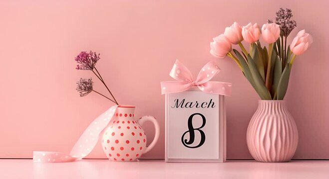 Pink theme, save the date white block calendar for International Women's Day, "March 8", decorated with flower, vase and polka dot ribbons