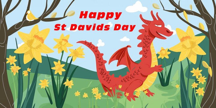 Happy St Davids Day Banner - Illustration with Red Dragon And Yellow Daffodils.
