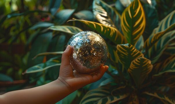 photo close-up of child's hand holding globe ball in front of plant