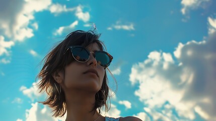 Thoughtful young woman wearing sunglasses looking up at the sky with a hopeful expression.