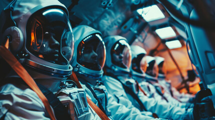 Astronauts lined up, geared for a cosmic journey, evoke awe and unity. - obrazy, fototapety, plakaty