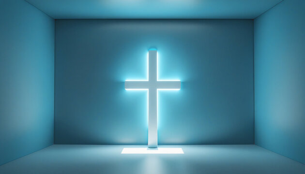 3d render, abstract minimalist blue background. Bright light. Cross symbol, simple geometric shape glowing in the dark