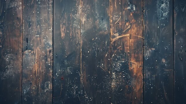 Rustic wooden fence texture. Old wooden background with peeling dark brown paint. Wooden planks painted with white spots.