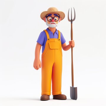 Elderly clay animation character wearing a farmer's overalls and straw hat, holding a pitchfork, on an isolated white background, Generative AI