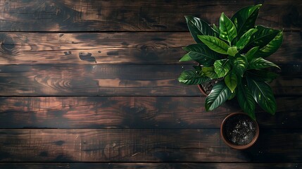 A lush green plant sits on a dark wooden table. The plant has large, glossy leaves and is growing in a brown flower pot.