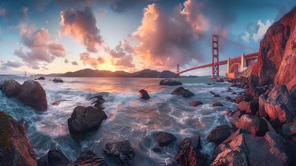 A breathtaking panoramic view of the iconic Golden Gate Bridge in San Francisco, California, illuminated by the warm hues of the sunset against a backdrop of dramatic clouds in the sky