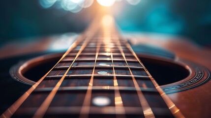 Close-up of guitar strings with shallow depth of field. The strings are illuminated by a warm light, and the background is out of focus. - obrazy, fototapety, plakaty