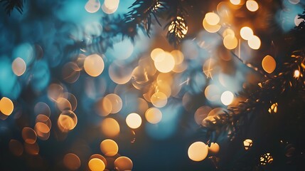 Abstract background with blurred Christmas lights and dark blue spruce branches.