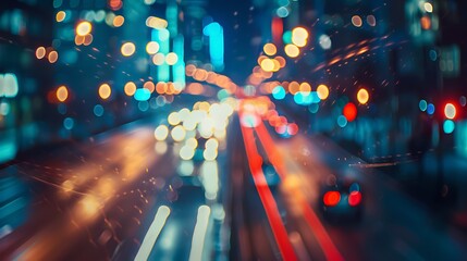 Abstract image of colorful blurred city lights at night with a focus on the center.