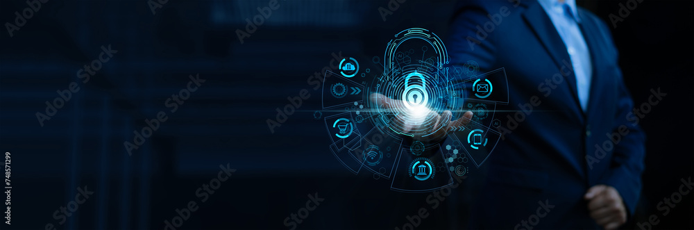 Poster Cyber security and data protection. Businessman holding padlock protecting business and financial data with virtual network connection. Innovation technology develop smart solution digital attack.
