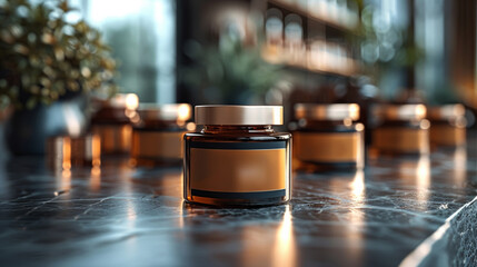 Luxury Face Cream Jars on Marble Surface.
Premium face cream containers with golden lids on a reflective marble counter. Blank Label Products.
