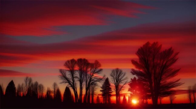 Tropical Sunset Landscape with big Trees, painting the sky in shades of orange and red, creating a stunning evening landscape