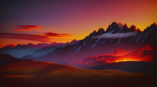 Sunset over majestic mountains, painting the sky with hues of orange and red, casting a stunning display of nature's beauty