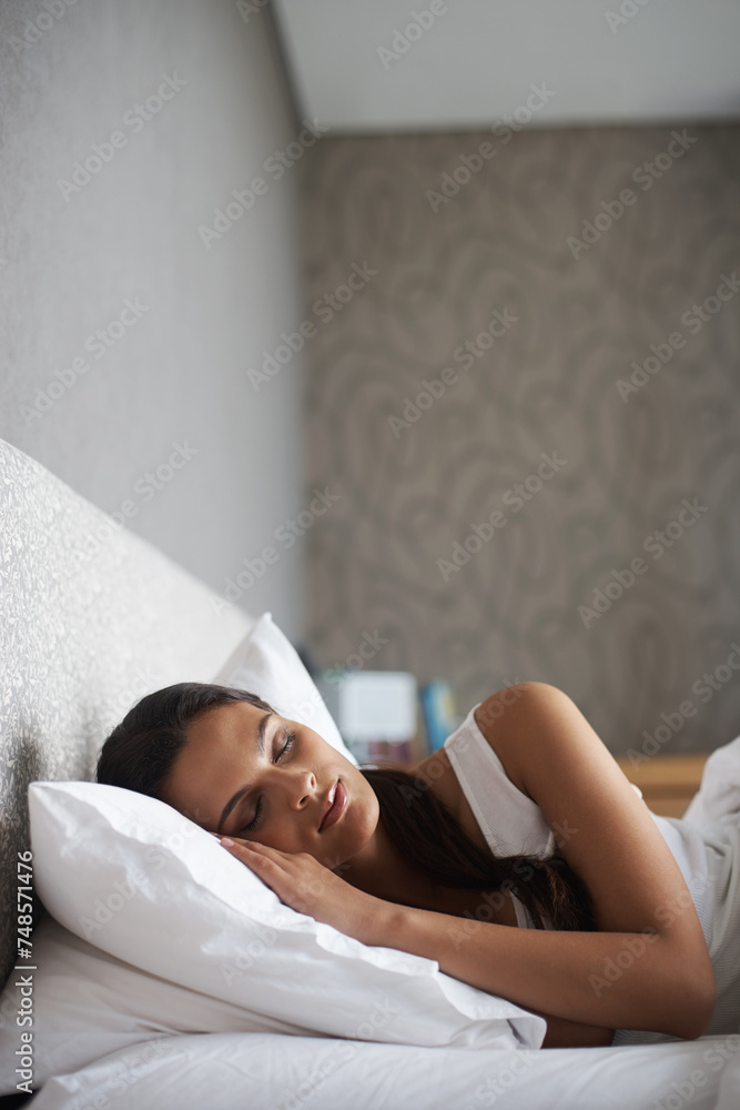 Wall mural woman, sleeping and bed for rest, dream and wellness as stress relief in bedroom in rio de janeiro. 