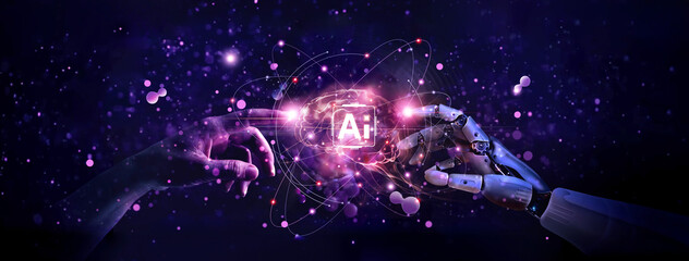 AI, Machine learning, Hands of robot and human touch big data brain of Global network connection, Internet and digital technology, Science and artificial intelligence digital technologies of future. - 748571414
