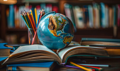 photo front view of stacked books, an earth globe, an open book and pencils for education day
